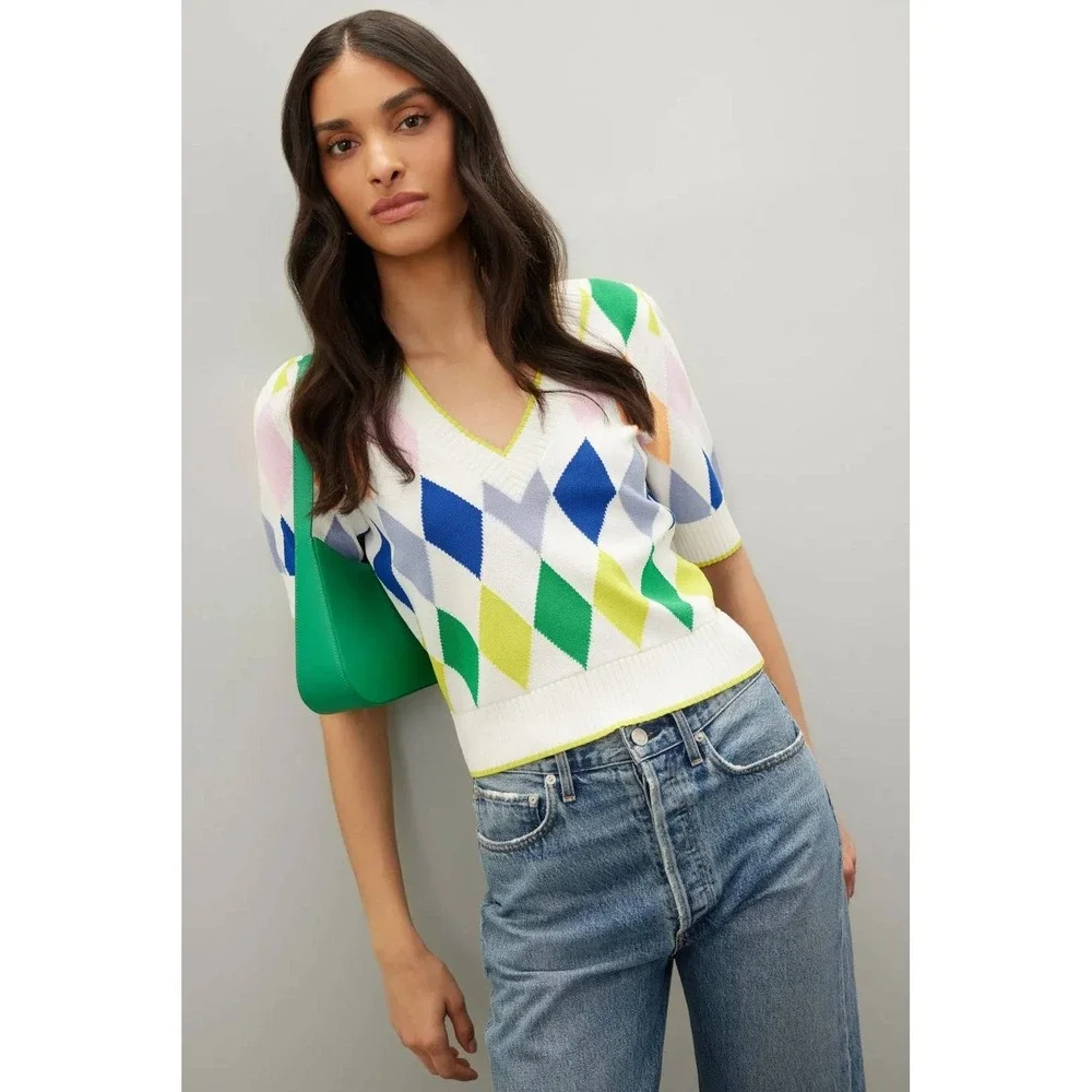 Kate Spade Sprint Argyle Sweater Ivory V-Neck Short Sleeve Top Women Sz S